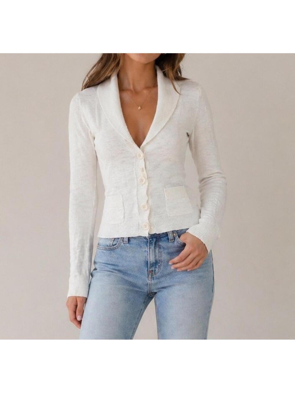 Vintage Mossimo Ivory Cardigan XS Y2K Shawl Collar Button Front Fitted Preppy